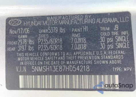 2007 Hyundai Santa Fe Limited/Se from USA, damaged, VIN 5NMSH13E87H054218